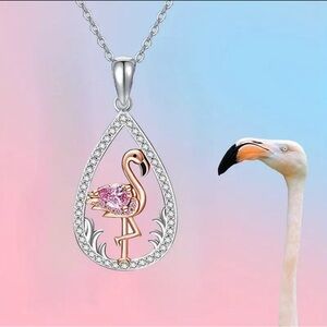 Flamingo Necklace Rhinestones Pendant Two Tone Rose Gold Rhodium Plated